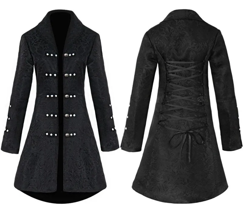 Средневековое винтажное платье женское жаккардовое платье в длинном пальто, приталенное сзади Ретро панк стиль женское пальто - Цвет: Черный