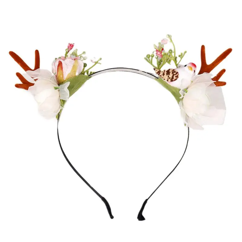

New Children Sweet Cute Antlers Headband Simulation Flowers Christmas Head Hoop Kidschristmas Hair Accessories Girl Baby