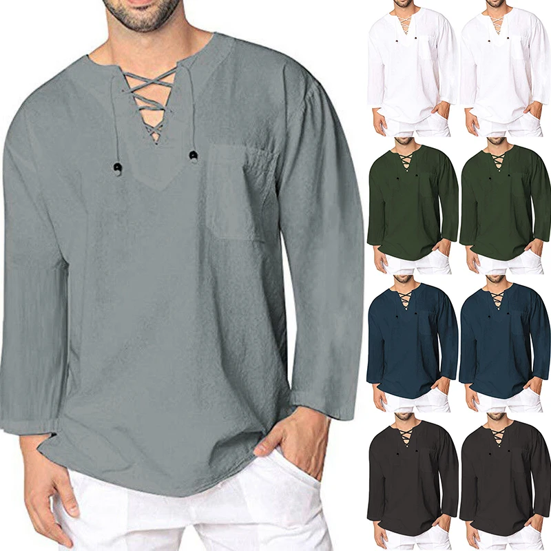 Hot Men Solid Baggy Shirt Cotton Linen Hippie Shirt Summer Mens Fashion Casual Street Daily Long Sleeve V Neck Shirt Five Color