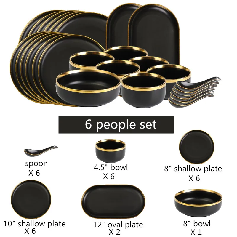 1Set Matte Gold Inlay Black Porcelain Dinner Sets Kitchen Plate Set Food Dishes Rice Salad Noodles Bowl