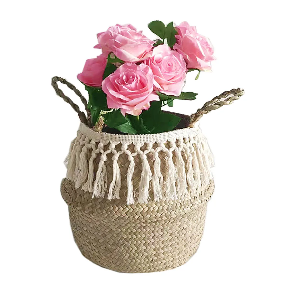 Складная плетеная корзина для растений с помпонами и помпонами, ручная сумка для хранения, украшение для дома