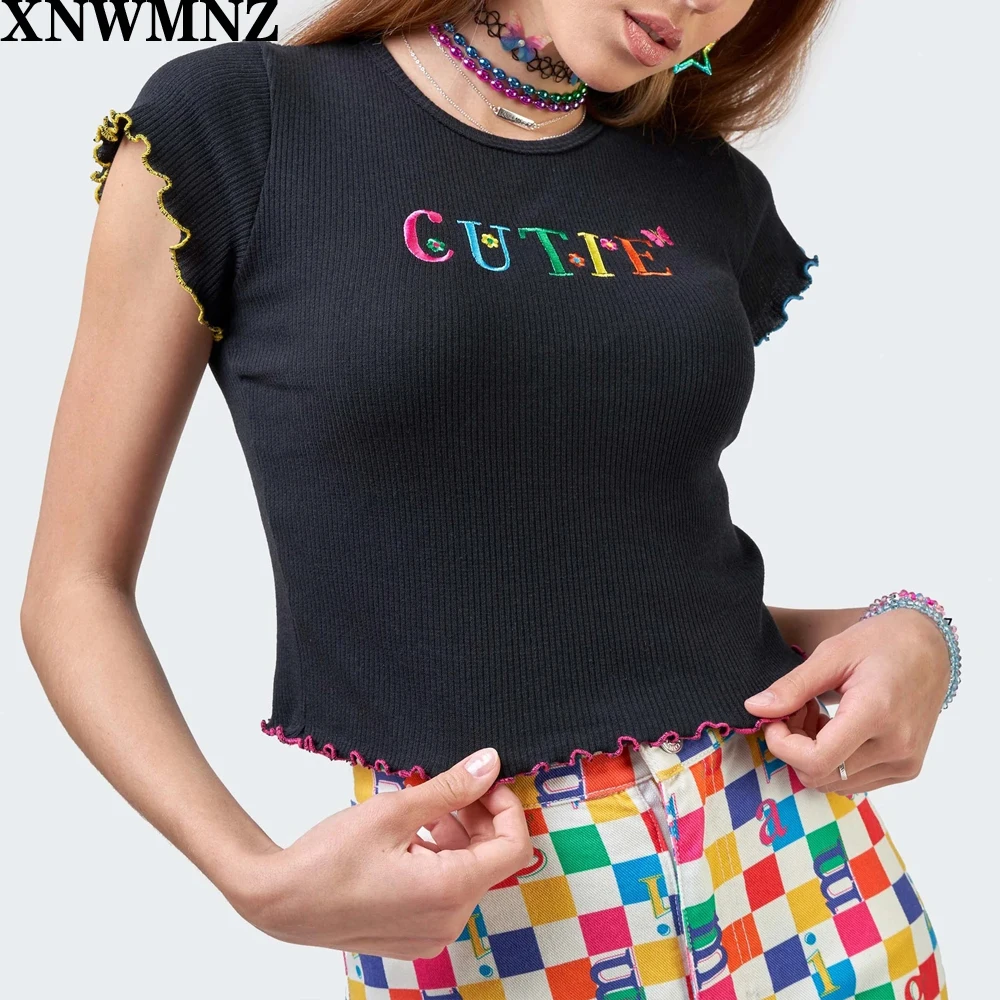 

Ribbed Letter Embroidery Black high waist T shirt Women Casual Cropped Tops Short Sleeve Slim Tee Shirts Fashion T-shirt Clothes