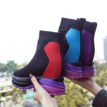 

CINESSD Knitting Chaussures Platform Boots Women Shoes Fashion 2020 New Spring Ankle Boots For Women Wedge Shoes Height Booties