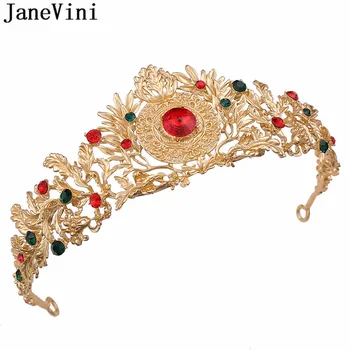 

JaneVini Baroque Vintage Rhinestone Bridal Crown Tiaras Wedding Crowns for Brides Gold Gothic Red Green Crystal Hairband Indian