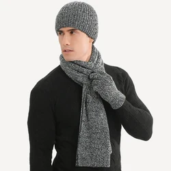 Winter warm 3 piece set of  men's knitted wool beanie hat scarf gloves set 2021 men's daily leisure ski camping fishing warm set