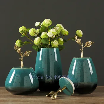 

Retro Ceramic Vase Green with Cover Golden Leaves Handmade Chinese Style Flower Vase Modern Home Crafts Decoration Vases