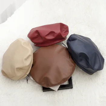 

New Winter Beret Cap Fashion Women Casual PU Leather Beret Hat For Women Autumn Retro Beanie Caps Hot