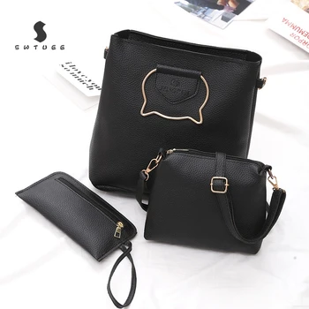 

3PCS Fashion Lychee Pattern Mother Suit Mother Bag Three-Piece New Cat Metal Handbag Lychee Pattern Big Bag Shoulder Bag