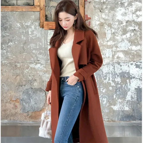 

Female Mid Long Overcoat Korean Version Autumn And Winter New Double Row Button Wool Below Knee Woolen Blends Office Lady
