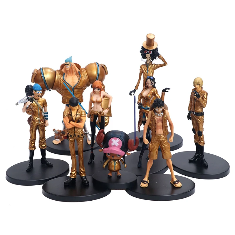 

9 Pcs/Lot Janpanese Anime One Piece Golden Clothes Luffy Zoro Nami Usopp Sanji Pvc Figure Desk Cake Car Model Decoration Gift