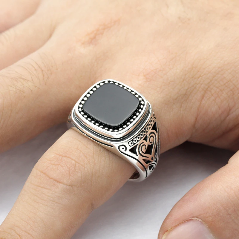 Men Ring Black Swarovski Gemstone Unique Silver Wedding Modern Engraved –  AGARTA