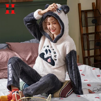 

Harrill Women Pajamas Set Ear Hoodie Cartoon Sleepwear Set Warm Flannel Women Nightwear pijama Tops Pants 2pcs Pajamas For Girls