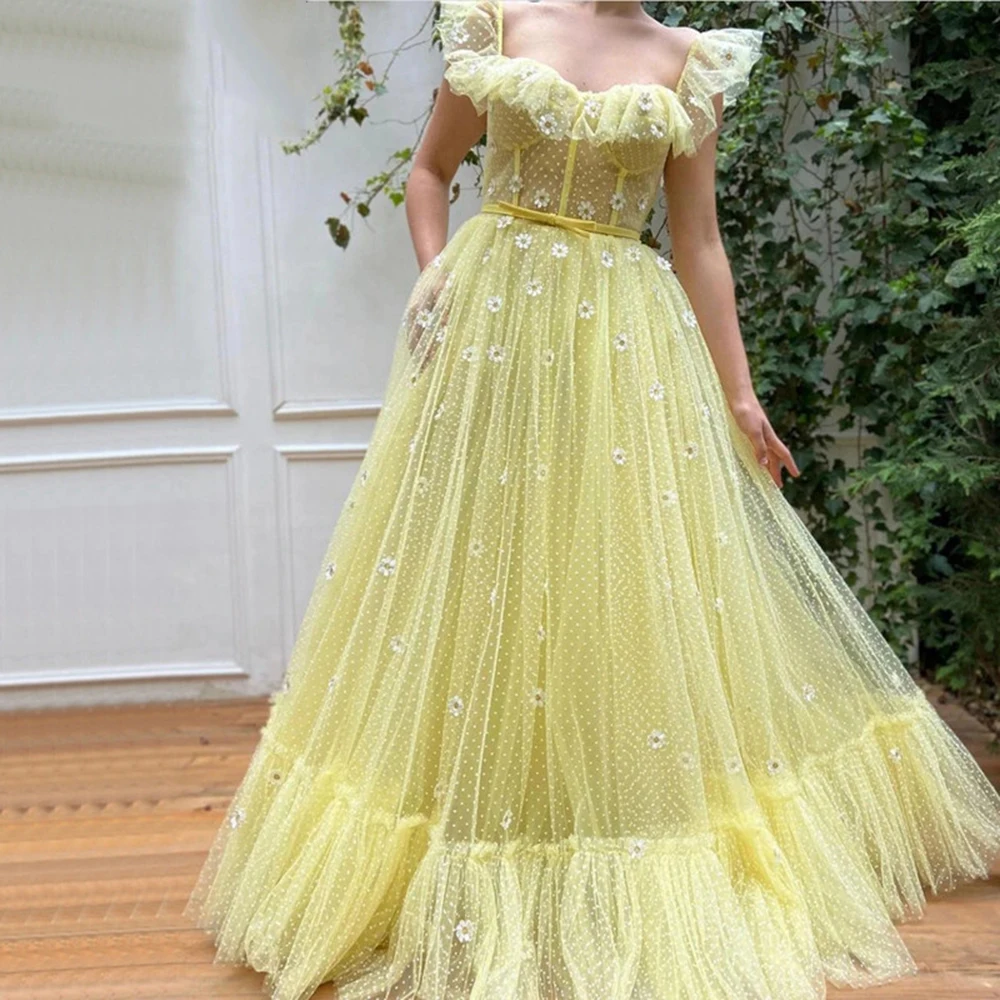 yellow floral prom dress