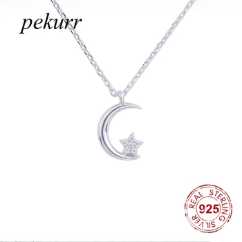 Pekurr 925 Sterling Silver Crescent Moon Necklaces For Women Zircon Star Pendants Choker Accesories Fashion Jewely