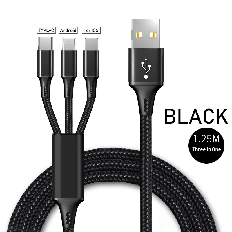 3 в 1 USB кабель мобильного телефона 2.4A Быстрая зарядка Micro USB/type C/8 pin для iPhone samsung Xiaomi Android USBC зарядное устройство Шнур провода - Цвет: Черный