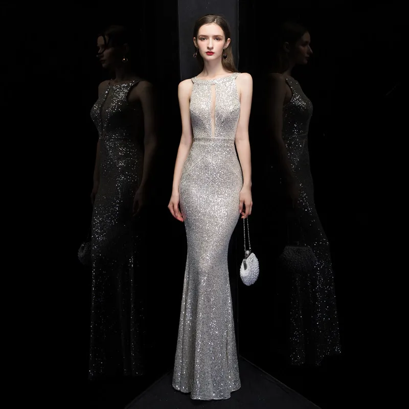 Skyyue Robe De Soiree, серебристые вечерние платья с блестками, K099, Холтер, Платья для вечеринок для женщин, без рукавов, элегантное, Русалка, официальное платье
