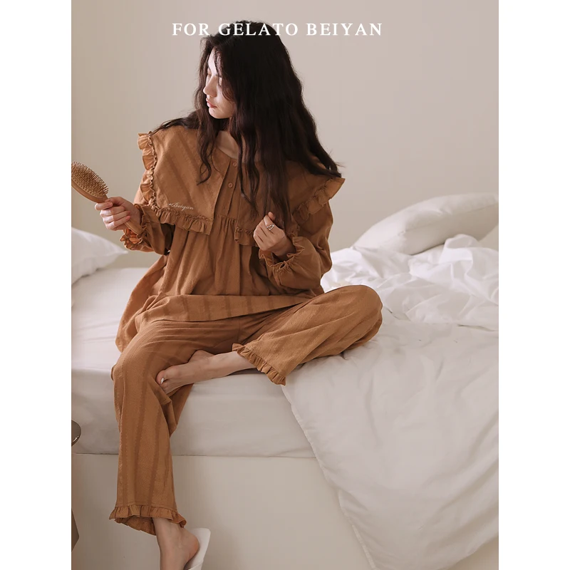 Spring and Autumn Women's Cotton Pajamas Cute Casual Woven Cotton Long-Sleeve Suit Loose Large Size Women's Home Wear