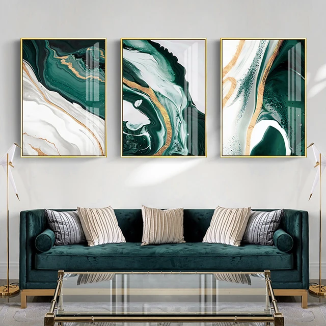 Dark Green Gold Foil Lines Marble Canvas