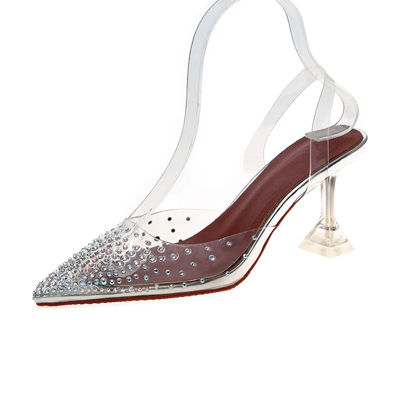 Прозрачные Свадебные вечерние туфли с кристаллами; женские босоножки на высоком каблуке; туфли-лодочки на тонком каблуке; женская обувь; Осенняя женская обувь