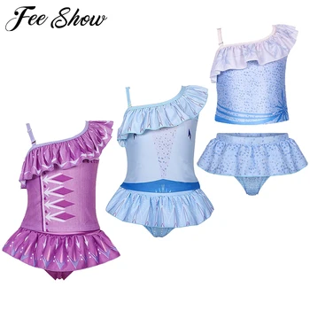 

3-8 Years Baby Girl Swimsuit Set Kids Printed Teen Girls Bikinis One Shoulder Toddler Girl Bathing Suit Ruffle Beach Swimwear