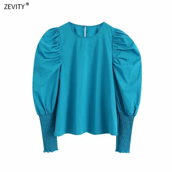 Женская Повседневная Блузка Zevity, однотонная плиссированная блузка с рукавами-фонариками, модель 2020, LS6796