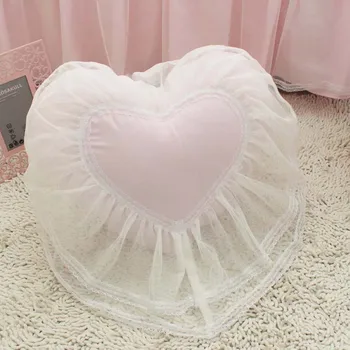 

Top Sweet Heart shaped cushion wedding bed pillow princess lace ruffle coussin cushions girl sofa pillows 100% cotton fabric