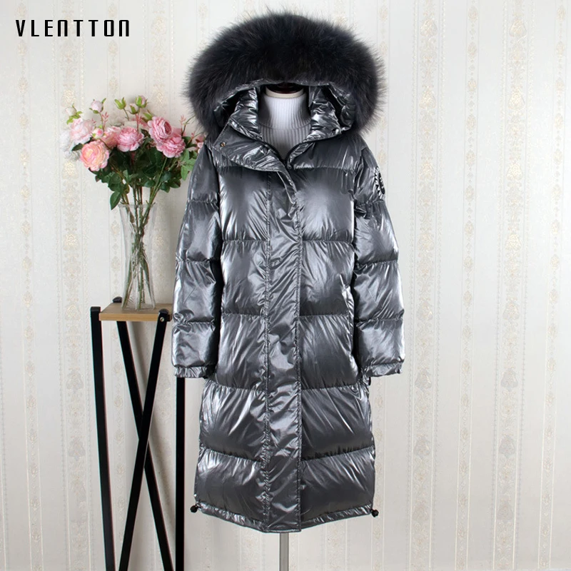 

Winter New Real Fur Collar Warm Thick 90% White Duck Down Jacket Women Glossy Casual Long Hooded Jackets Coat Female Parka Mujer