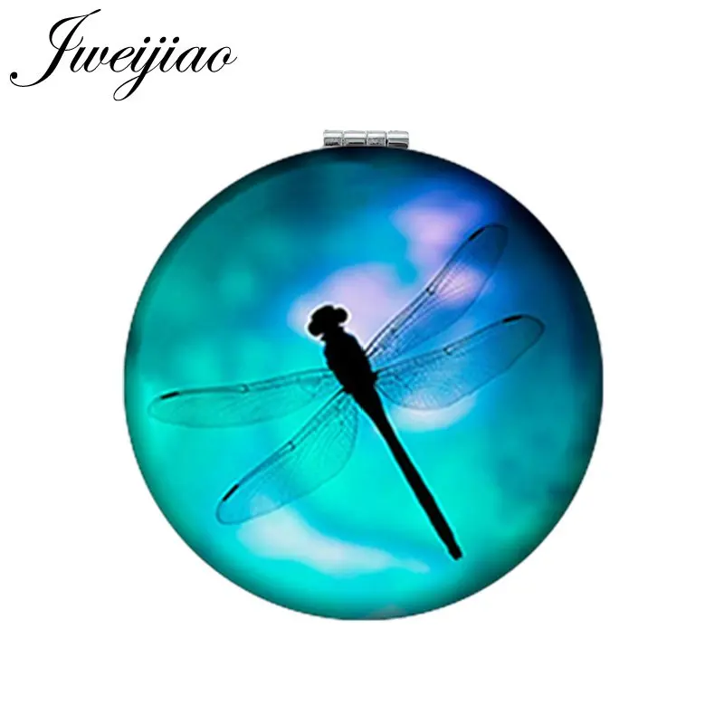 

JWEIJIAO Dragonfly Art Picture Round Makeup Mirror PU Leather Mini Folding Compact Portable 1X/2X Magnifying Pocket Mirror