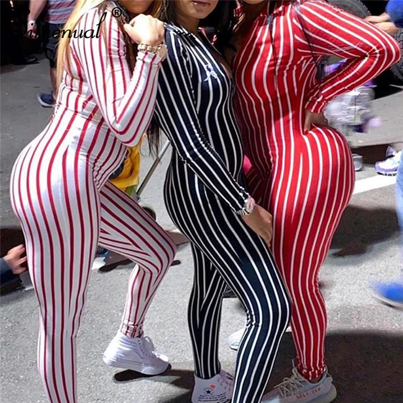 Модные новые женские Клубные брюки в полоску с длинным рукавом обтягивающий комбинезон для вечеринок комбинезон сексуальный полосатый комбинезон обтягивающие брюки