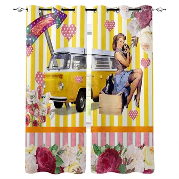 

Multi-size Retro Girl Farm Sunflower Pickup Window Curtains Polyester Fabric Living Room Curtain Home Decor