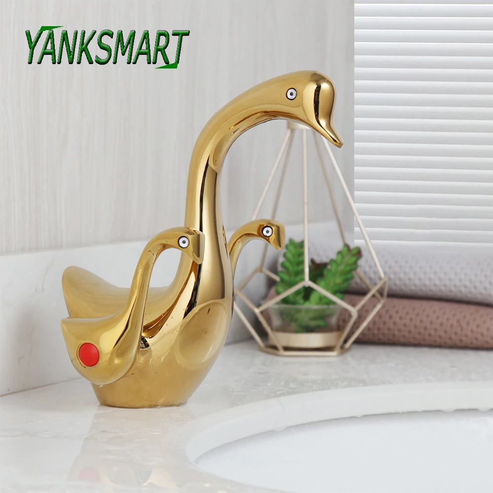 

YANKSMART Luxury Gold Polished Swan Bathroom Basin Sink Mixer Tap 2 Handles Deck Mounted Bathroom Widespread Faucet Water Tap
