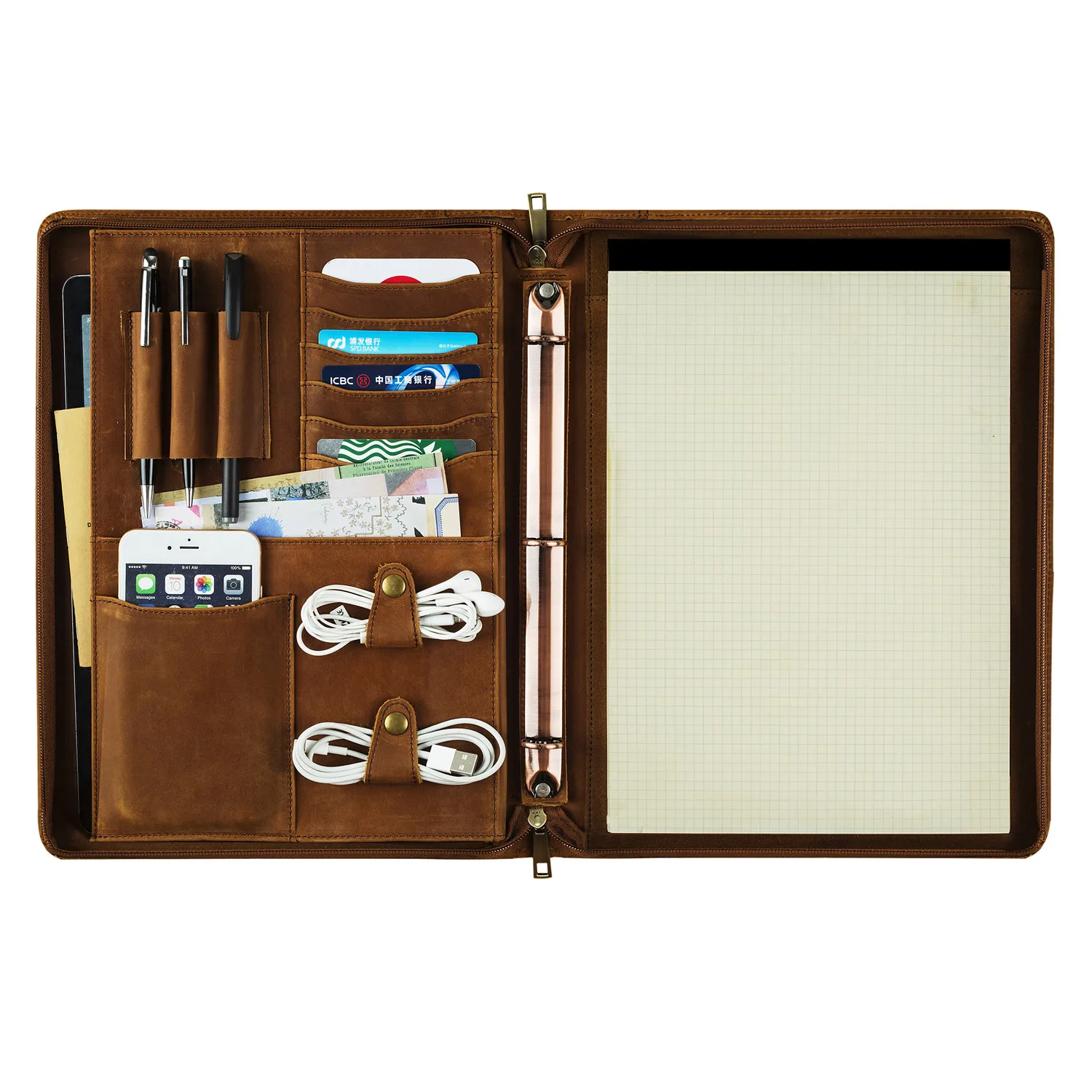 

Handmade Vintage Genuine Leather 3-Ring Binder Portfolio A4 Folder, Business Documents Organizer Padfolio Portfolio Case