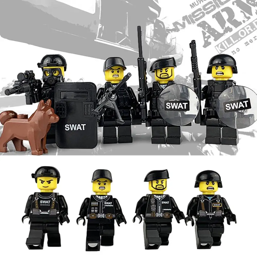 

MINOCOOL 4PC Military Soldier Toy Set Special Police Doll Building Block With Weapon Mask Shield Doll Action Figure Gun Toy Boy
