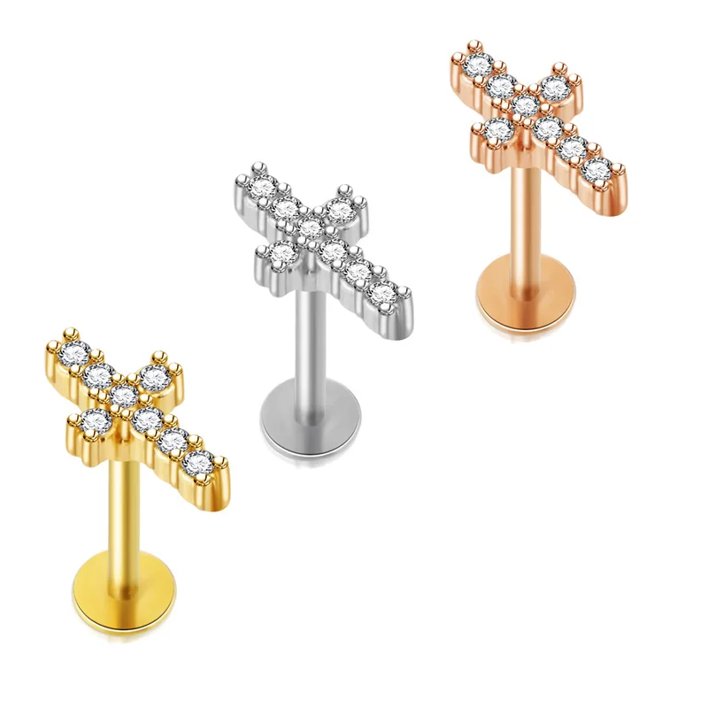 Crystal Flower Tragus Piercing Earring Flat 16G Cross