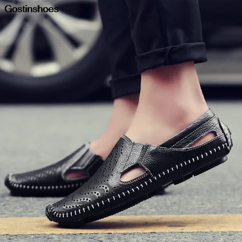 

Sandales Homme Sandalen New Full Grain Leather Hollow Out Punching Genuine Leather Shoes Summer Casual Fashion Sandles Mens