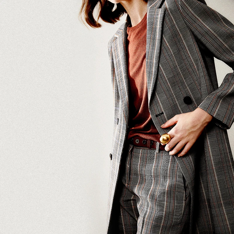 

Fall Winter 2019 women double breasted long vintage wool plaid blazer pants set