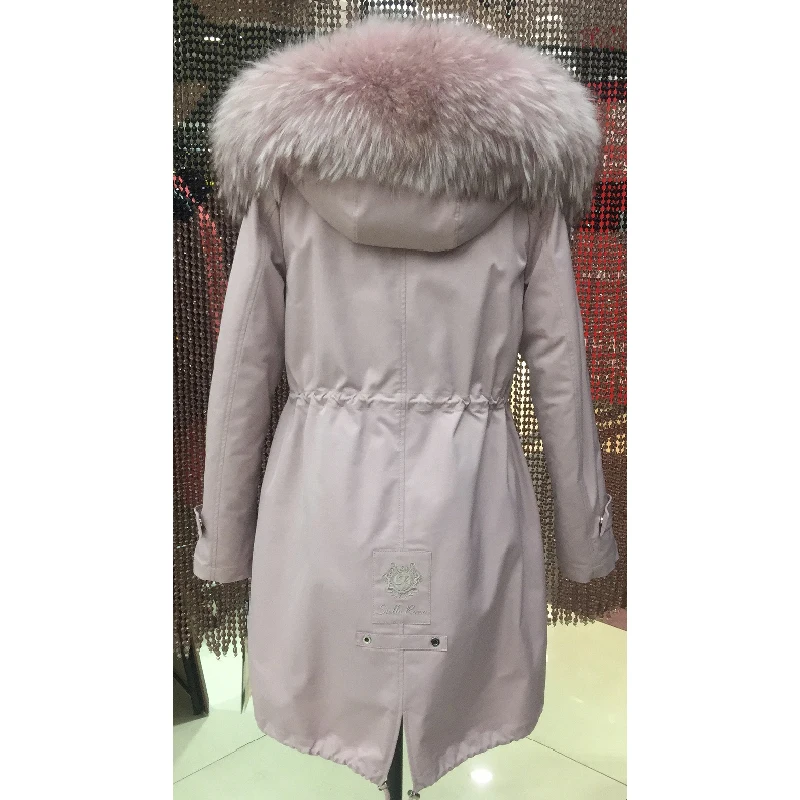 Женская зимняя парка пальто куртка воротник из енота Съемная подкладка из меха кролика 93 см длина качественная ткань 9-8901