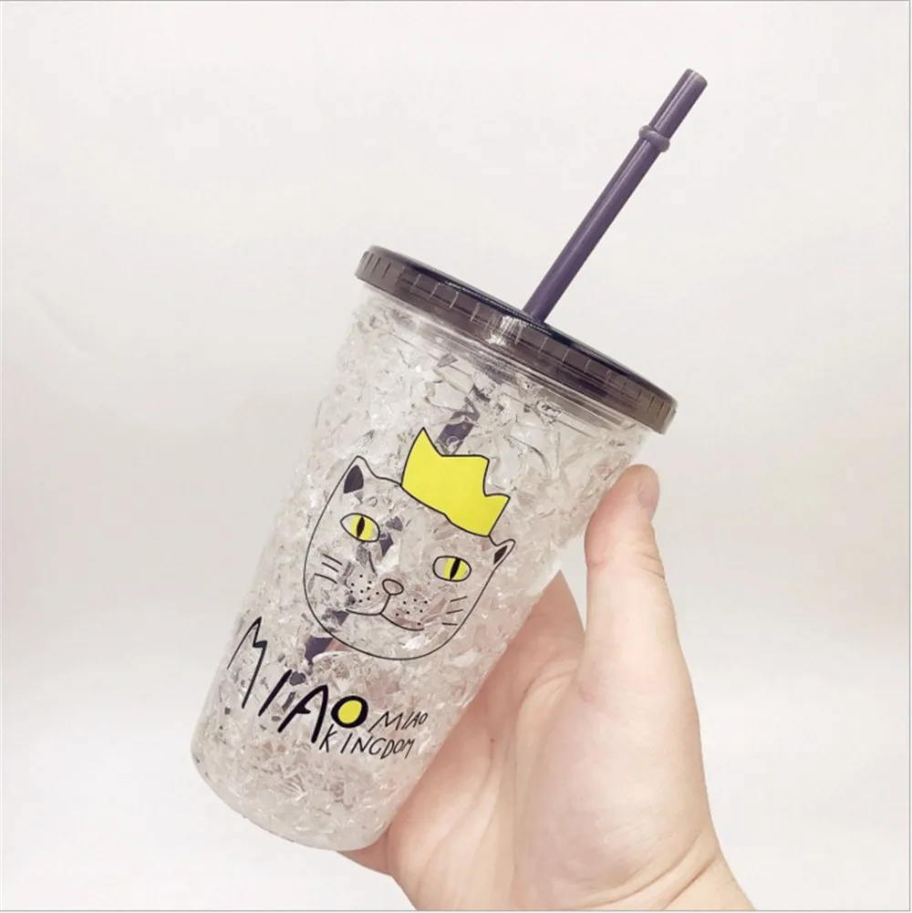 Мультфильм кошка бутылки для воды с соломинкой студентов носить чашки пластик черный Кот узор бутылка для напитков сок, кофе чай 450 мл