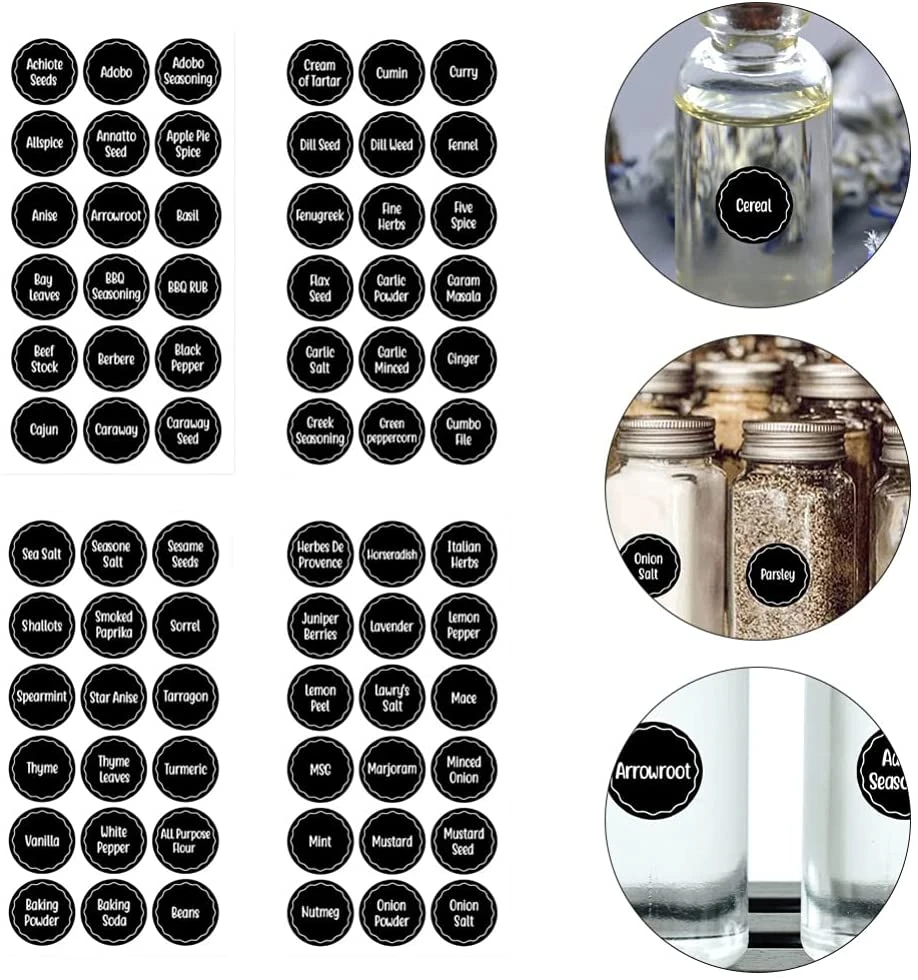 144pcs Printed Spice Jars Labels Practical Ingredients Spices Labels Stickers Spice Names Labels (Black)