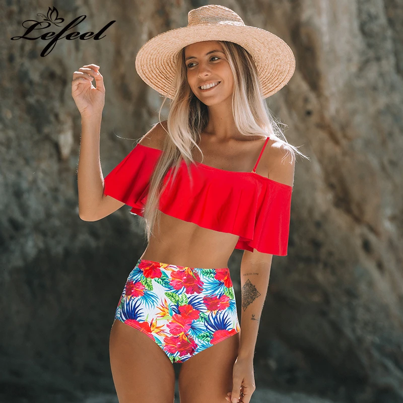 

Lefeel Print Bikini High Waist Swimwear Floral Set Ruffle Swimsuit Sleeveless Bathing Suit Women Tube Top Beachwear Biquini