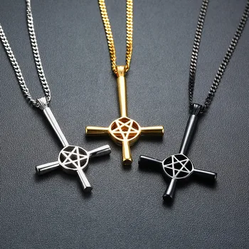 ZORCVENS 2020 New Inverted Cross Pentagram Star Pendant Necklace for Men Stainless Steel Lucifer Satan Male Jewelry