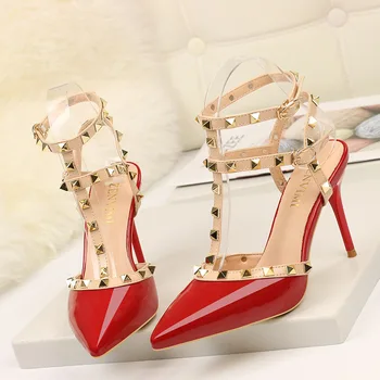 

High-heeled Women Rivet Baotou Single Shoe 2020 European and American Word Buckle Straps Pointed Super High-heeled Women's Shoes