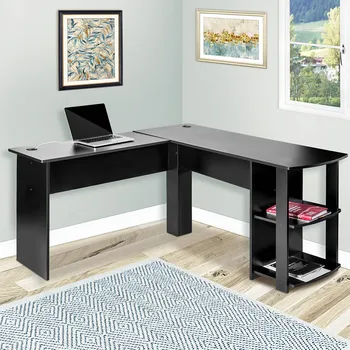 

Corner Computer Desk L-Shapped Desk Office——Storage Shelf /PC Table Workstation Writing Table/Maximize Office Space (Black)