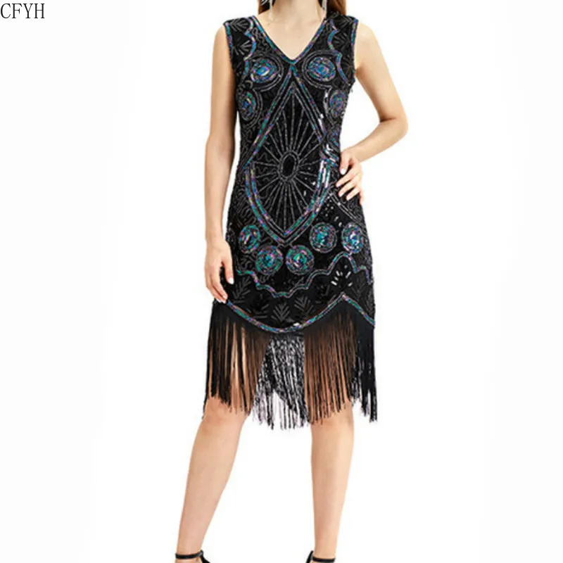 

Women Party Dress Robe Femme 1920s Great Gatsby Flapper Sequin Fringe Midi Dress Vestido Summer Art Deco Retro Dress