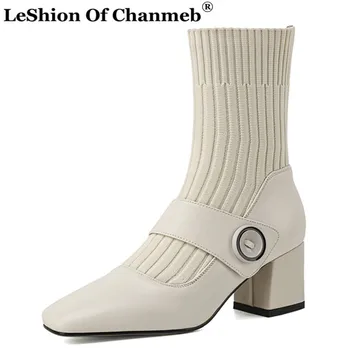 

Full Grain Leather Winter Shoes Women Button Knitting Stretch Sock Boots Black Beige Square Toe Thick High Heels Ankle Boots 40