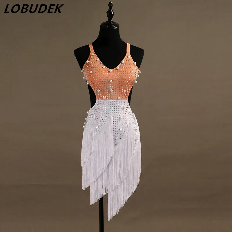 Latin Dance Tassel Dress Fashion Sexy Backless Pearl Crystal Fringe Dress Dance Costume Samba Performance Clothes Stage Wear - Цвет: D