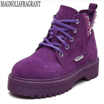 

Female boots 2019 spring new genuine leather women shoes suede women booties British lace-up retro trend women naked boots y183