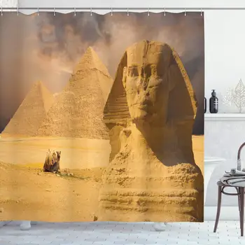 

Egyptian Shower Curtain Sphinx Face with Other Pyramids in Egypt Old Historical Monument Polyester Fabric Bathroom Decor Set