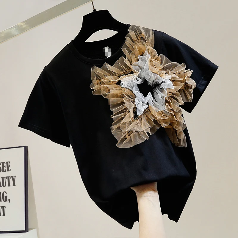 

Women T Shirt Fashion Mesh Collage Three-Dimensional Five-Pointed Star Decoration Short Sleeve T-shirt Female Top Ropa De Mujer