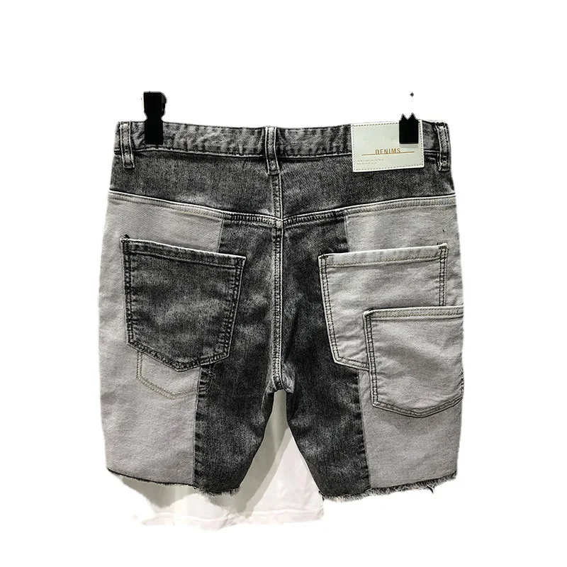 Summer Gray Denim Shorts Knee Length Patchwork Lattice Pocket Design Stitching Hip-hop Street Self-cultivation Jeans Shorts